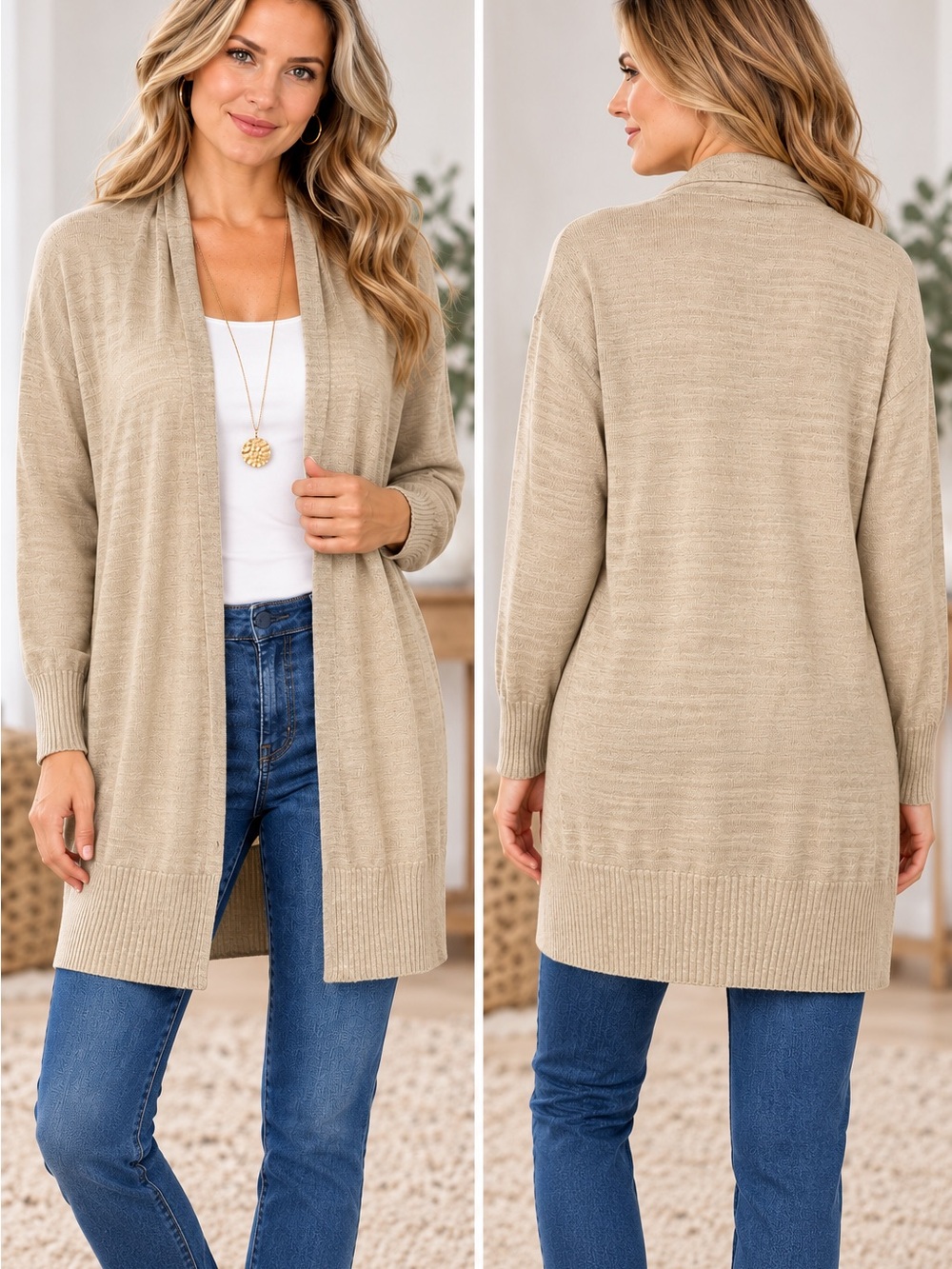 LOFT Lou & Grey NWT Beige Tan Linen Open Front Longline Cardigan Sweater Size XS